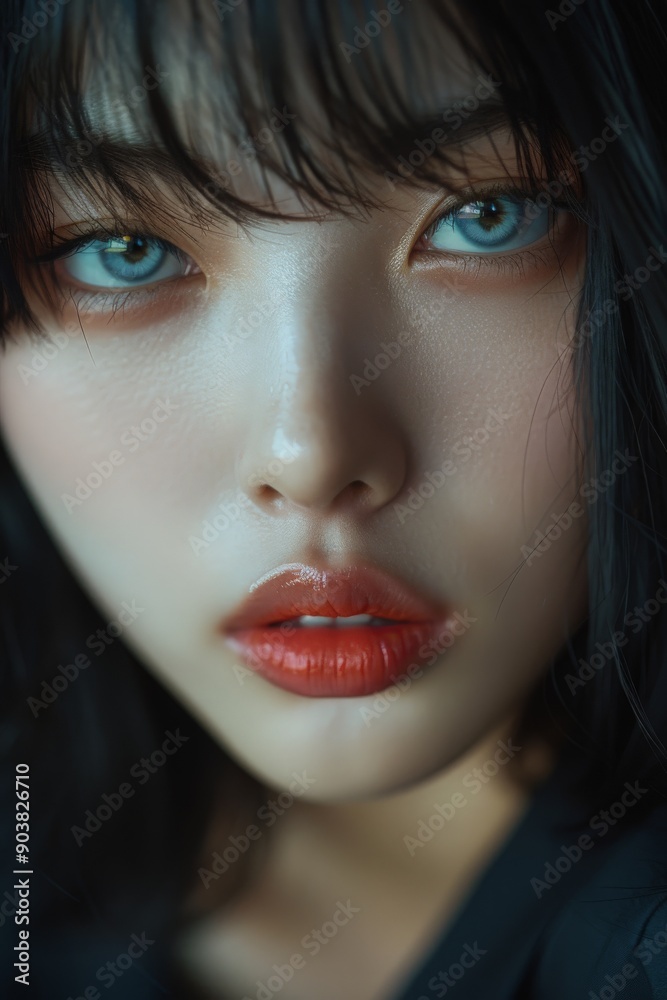 Close-up portrait of a woman's eyes and lips with dark hair. Close-up portrait of a woman's eyes and lips with dark hair.