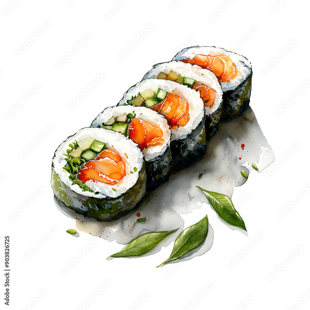 Watercolor illustration of futomaki, ehomaki, on white background. Watercolor illustration of futomaki, ehomaki, on white background.