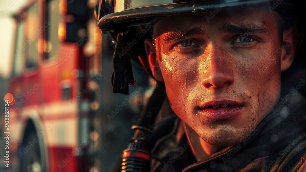 A close-up portrait of a young American male firefighter A close-up portrait of a young American male firefighter