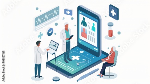 Wallpaper Mural Digital healthcare scene featuring diverse medical professionals engaged with telemedicine technology. Torontodigital.ca