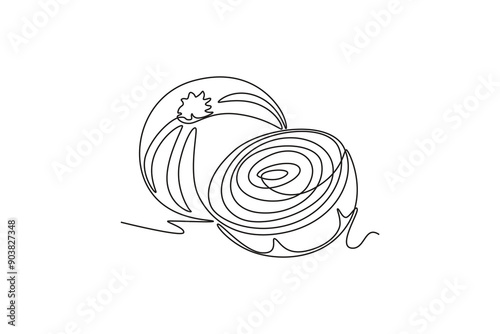 Continuous one line drawing whole and sliced healthy organic onion for herbal logo identity. Fresh cultivated seasoning concept for vegetable icon. Single line draw design vector graphic illustration