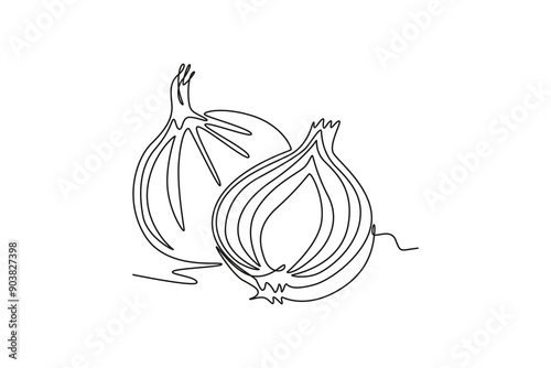 Continuous one line drawing whole and sliced healthy freshness organic bulb onion for farm logo identity. Fresh common onion concept vegetable icon. Single line draw design vector graphic illustration