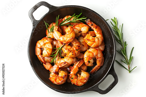 Brandy pan-fried prawns, Italian cuisine ,fried shrimps with garlic and lemon isolated on white background photo