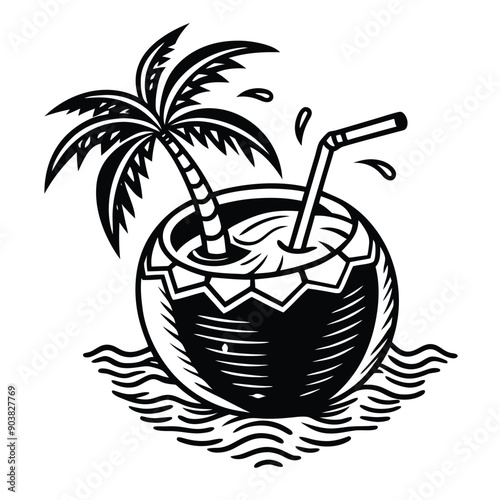 A vivid and lively illustration of a coconut on a beach, designed to be printed on a T-shirt.