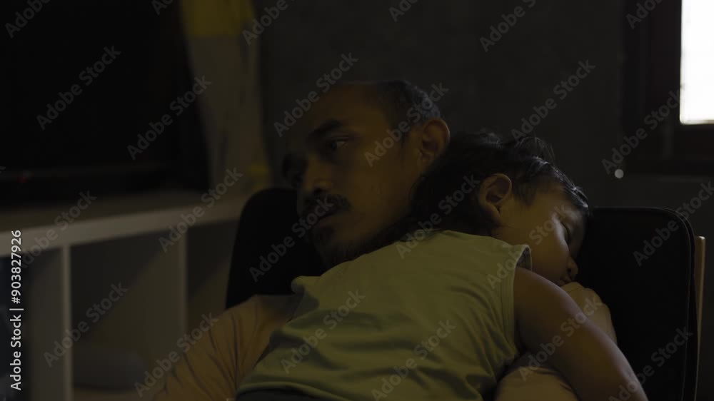 Father hugging sleeping son. A father holding his son on his chest.