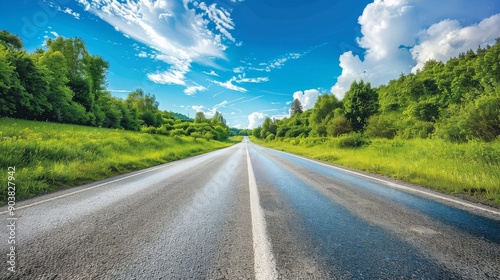 An open road stretching through a lush green landscape under a blue sky