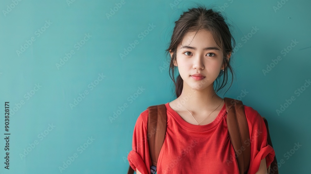 Fototapeta premium Young Woman Posing Against Blue Wall With Backpack in Casual Attire