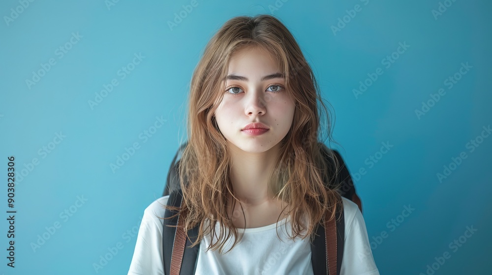 Young Woman With Backpack Against Blue Wall in Indoor Setting Young Woman With Backpack Against Blue Wall in Indoor Setting