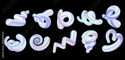 Holographic color 3d shapes and elements set for design. Abstract holographic brush blend strokes figures swirls, zigzag, merpentine heart, Liquid shapes with trendy gradient set. Vector illustration