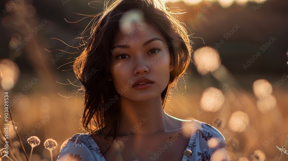 Fototapeta premium Asian Woman Radiates Beauty in a Natural Scene