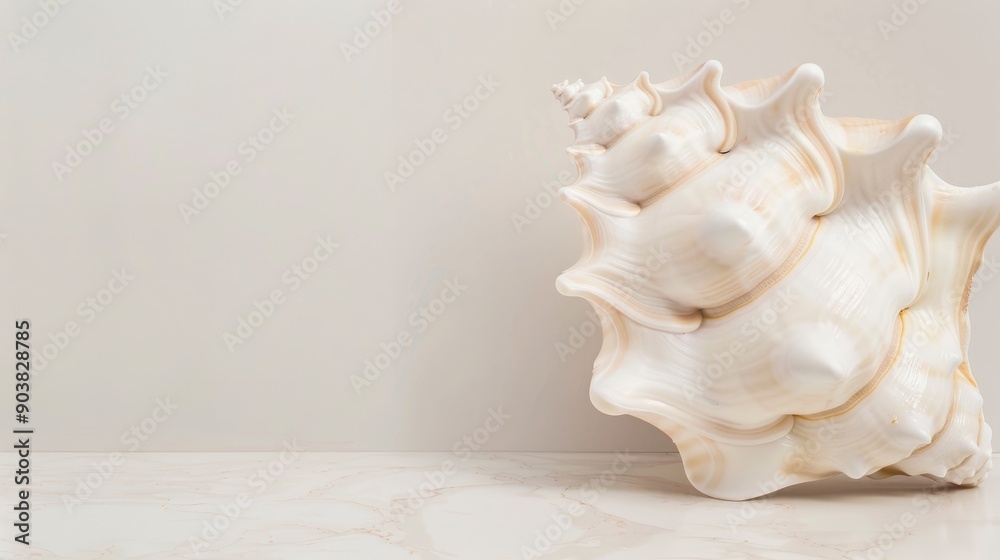Detailed seashell with complex ridges, isolated on a neutral background with generous space for text, ideal for marketing materials Detailed seashell with complex ridges, isolated on a neutral background with generous space for text, ideal for marketing materials