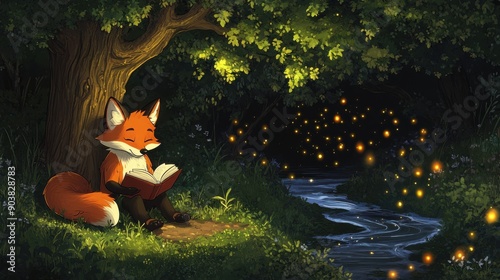 A cozy woodland scene featuring a friendly fox reading a book under a tree, with a gentle stream flowing nearby and fireflies glowing in the twilight, in a serene cartoon style, on a black background  photo