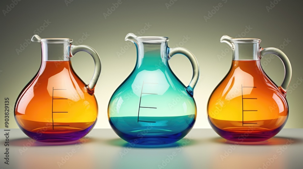 Scientific glassware with vibrant, colorful reagents Scientific glassware with vibrant, colorful reagents