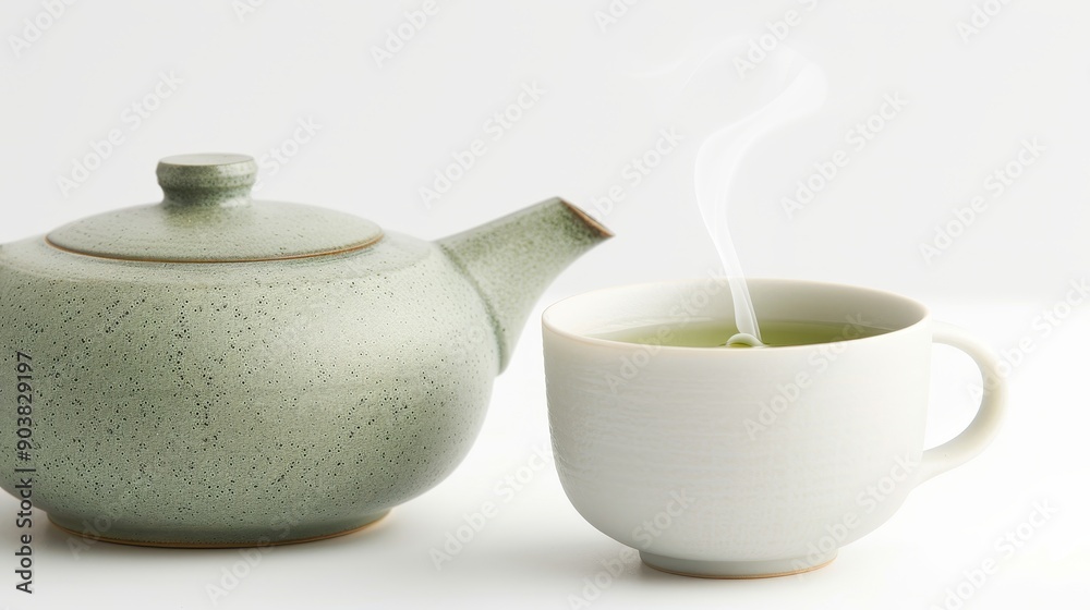 Elegant green tea setup with a steaming cup and teapot, isolated on a white background, perfect for text overlay Elegant green tea setup with a steaming cup and teapot, isolated on a white background, perfect for text overlay