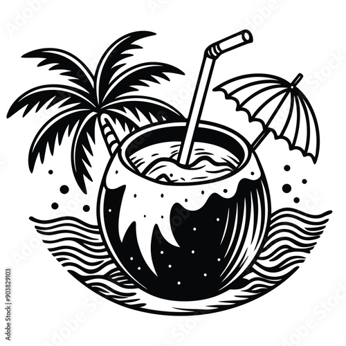 A vivid and lively illustration of a coconut on a beach, designed to be printed on a T-shirt.