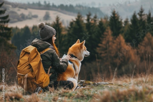 Fototapeta Naklejka Na Ścianę i Meble -  Woman Hiking in Mountains with Akita Dog in Poland. Happy Trekking Adventure in Forest