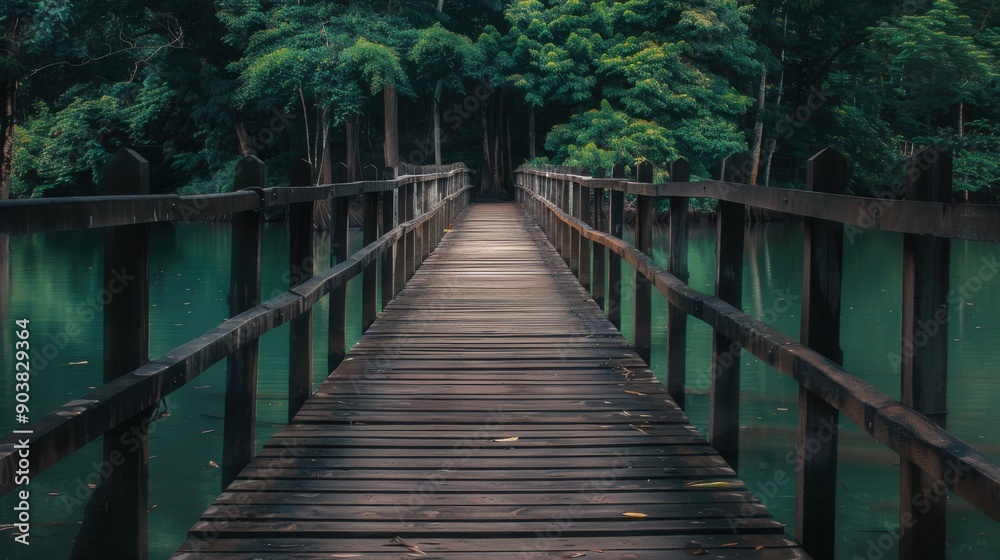 Fototapeta premium Wood Bridge. A Dark-Toned Wooden Bridge in a Serene Natural Landscape