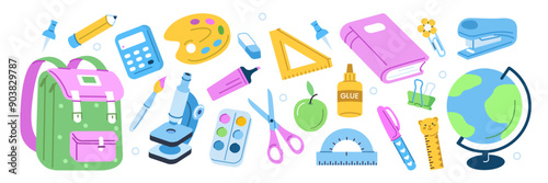 Back to school supplies stickers set. School stationery scrapbooking collection. Backpack, book, pen, globe and other educational elements. Modern cartoon concept. Vector illustration.