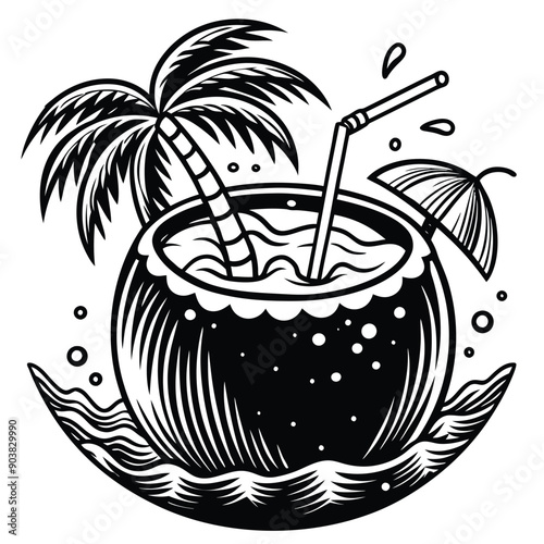A vivid and lively illustration of a coconut on a beach, designed to be printed on a T-shirt.
