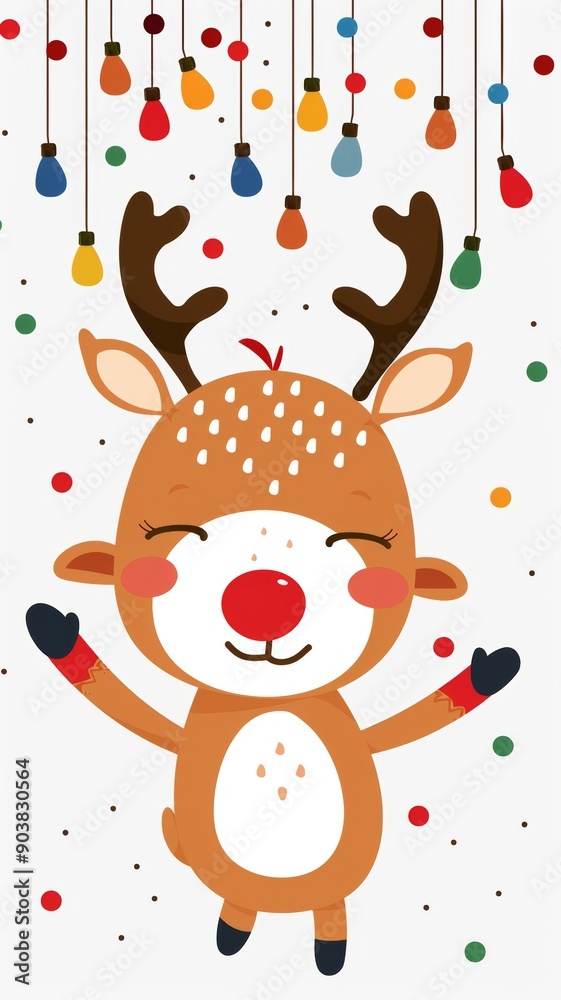 Naklejka premium Cute Reindeer with christmas festive lights antlers, a simple flat vector illustration, on a white background. reindeer wearing a santa hat. Cartoon of a deer