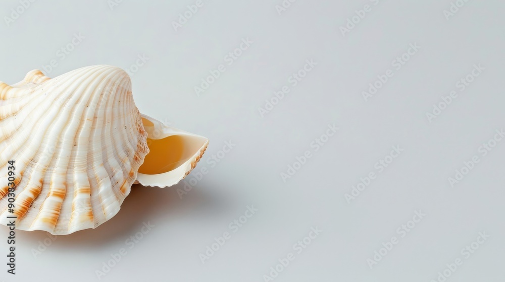 High-resolution image of a seashell with fine ridges, isolated on a clear background with a wide area for copy text High-resolution image of a seashell with fine ridges, isolated on a clear background with a wide area for copy text