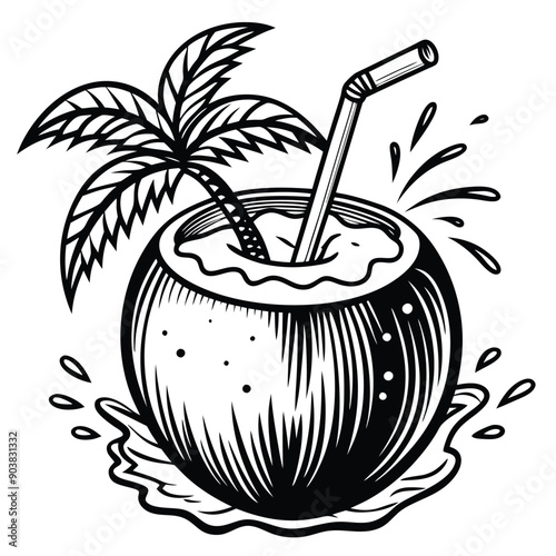 A vivid and lively illustration of a coconut on a beach, designed to be printed on a T-shirt.