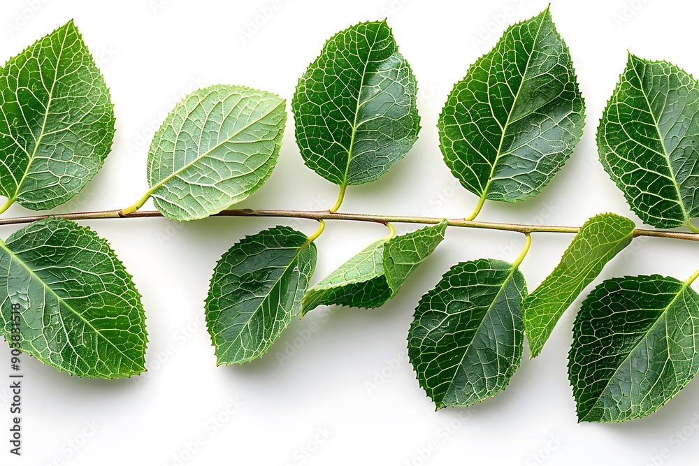 Naklejka premium Green Leaf Branch on White Background - Nature, Botany, and Environmental Concepts for Prints and Posters