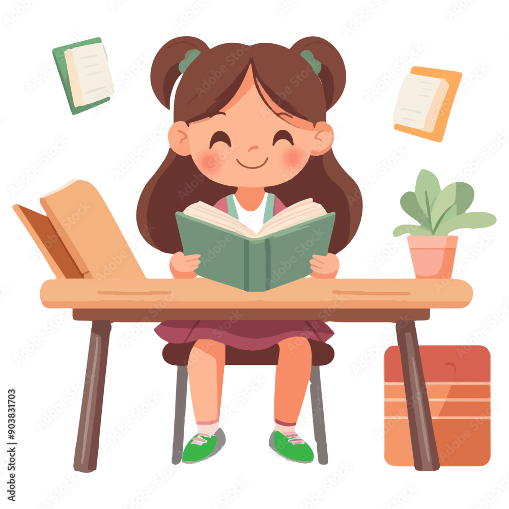 little girl sitting at the table reading a book School isolated on white background in cartoon style. little girl sitting at the table reading a book School isolated on white background in cartoon style.