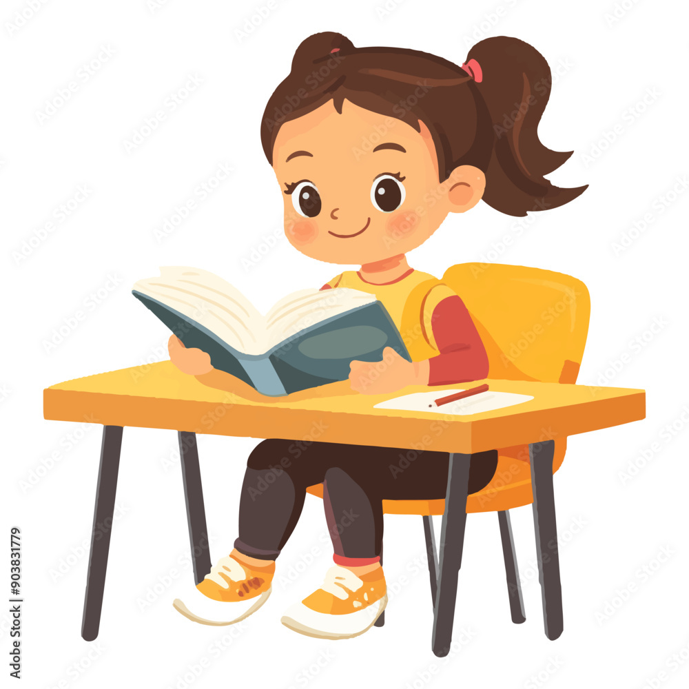 little girl sitting at the table reading a book School isolated on white background in cartoon style. little girl sitting at the table reading a book School isolated on white background in cartoon style.