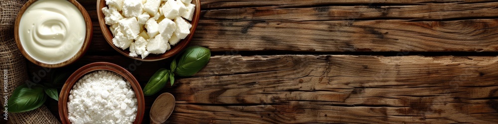 Rustic Dairy and Flour Display on Wooden Tabletop with Natural Decor Rustic Dairy and Flour Display on Wooden Tabletop with Natural Decor