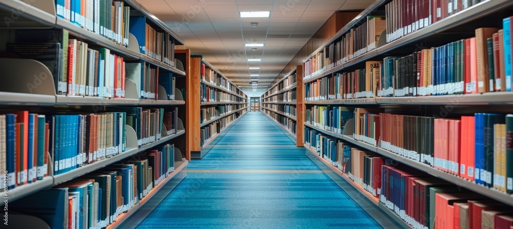 Library hallway corridor. Bookcase shelf school education. Generative AI technology. Library hallway corridor. Bookcase shelf school education. Generative AI technology.