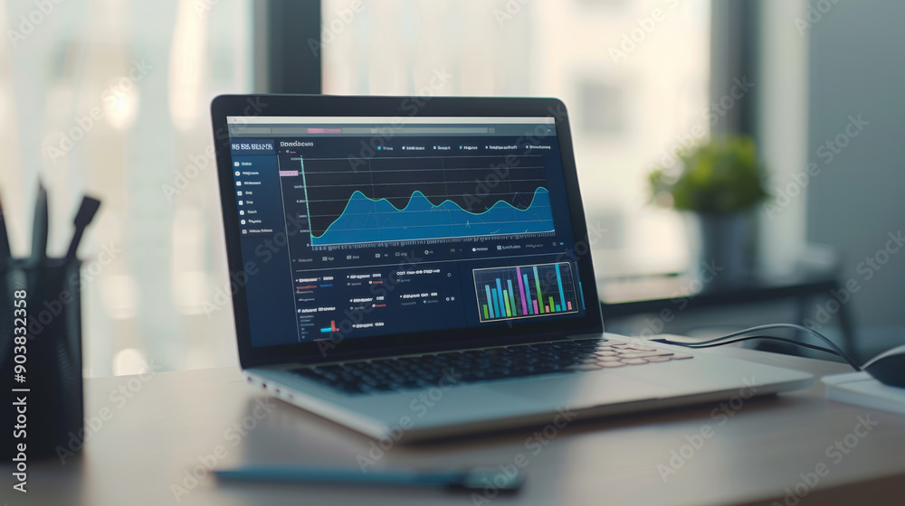 A laptop displays an advanced analytics dashboard with various charts and graphs, set on a wooden desk near a large window offering ample natural light.
