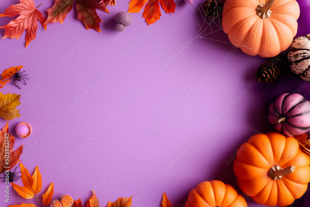Fototapeta premium Vibrant Halloween scene with colorful pumpkins, autumn leaves, and spider webs against a rich purple backdrop