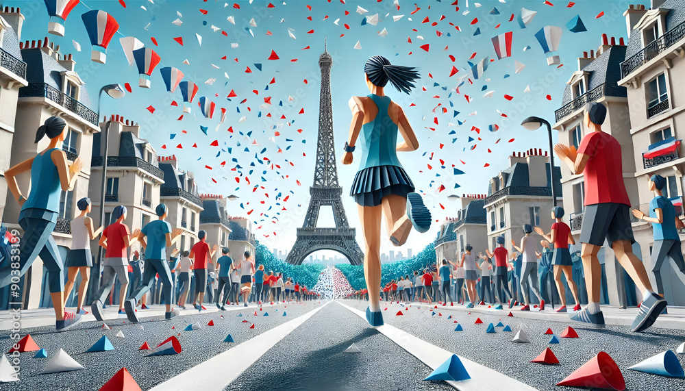 Obraz premium Origami Style Marathon at the Eiffel Tower: Paris 2024 Olympics, Festive Confetti, Runners and Spectators