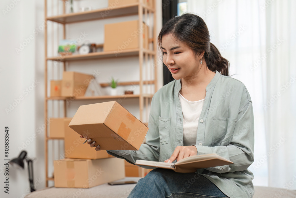 Young Woman Managing Her Online Selling Business from Home, Checking Inventory and Taking Notes Young Woman Managing Her Online Selling Business from Home, Checking Inventory and Taking Notes