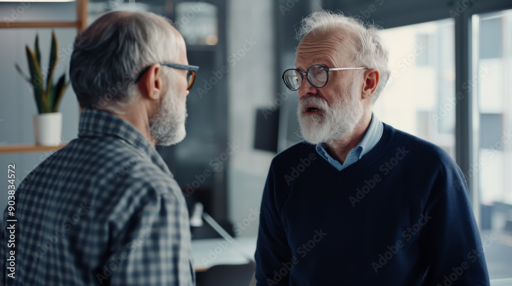 Two elderly men engage in an intense conversation, showcasing their expressive faces and meaningful interaction in a modern office. Two elderly men engage in an intense conversation, showcasing their expressive faces and meaningful interaction in a modern office.