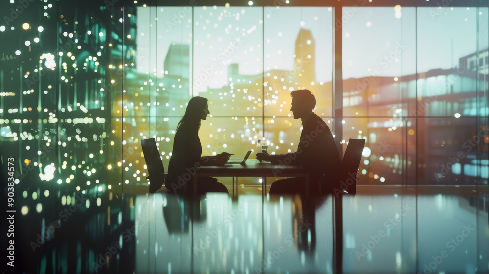 A silhouette of a couple sharing an intimate dinner in a chic restaurant, surrounded by warm lights and a nighttime cityscape through a glass window. A silhouette of a couple sharing an intimate dinner in a chic restaurant, surrounded by warm lights and a nighttime cityscape through a glass window.