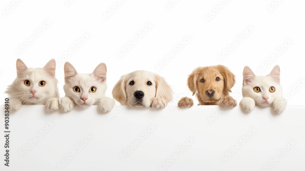 A group of five cats and dogs are standing in front of a white board. Pets peeking out behind a white poster. Advertising banner template for pet shop or veterinary clinic. A group of five cats and dogs are standing in front of a white board. Pets peeking out behind a white poster. Advertising banner template for pet shop or veterinary clinic.