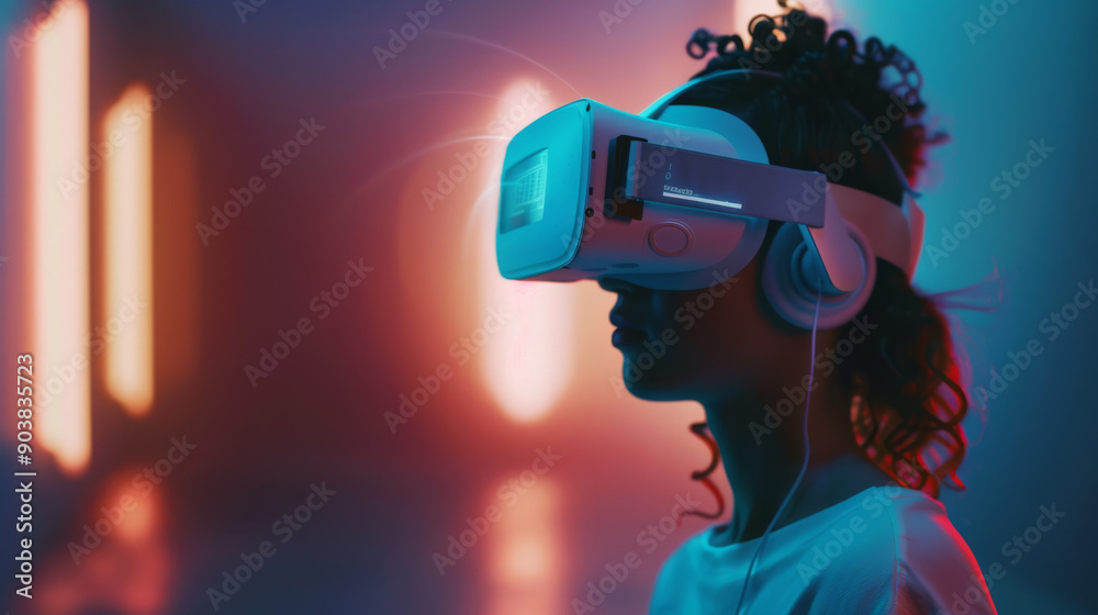 A person with curly hair wears a VR headset, absorbed in a digital world, against a vibrant, blurred background of neon lights. A person with curly hair wears a VR headset, absorbed in a digital world, against a vibrant, blurred background of neon lights.