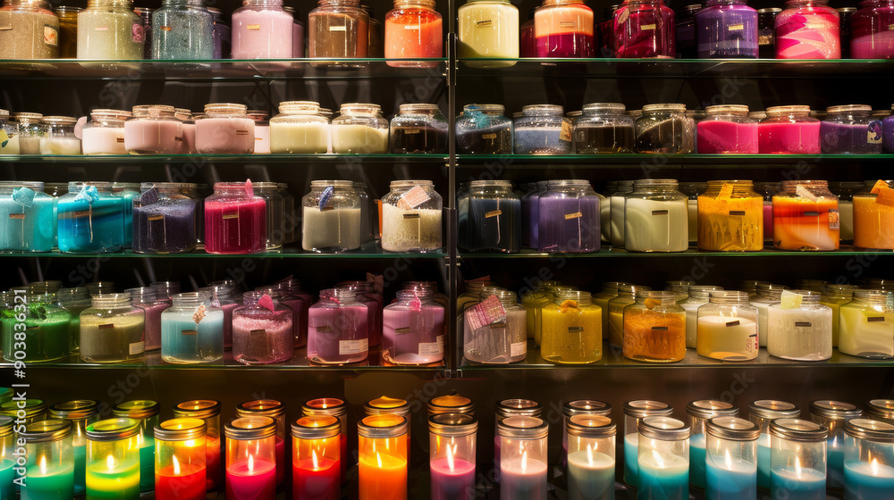 Shelves filled with vibrant, scented candles in various colors, creating a warm and inviting ambiance. Shelves filled with vibrant, scented candles in various colors, creating a warm and inviting ambiance.