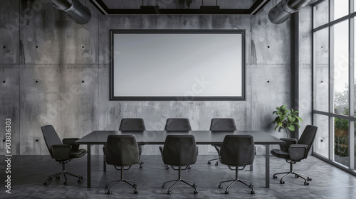 Conference room Office meeting room presentation style Minimalist design sized smallRoom big screen Frame Mockup black chair cement wall background photo