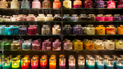 Shelves filled with vibrant, scented candles in various colors, creating a warm and inviting ambiance. © VK Studio