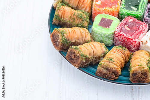 Turkish delight candy with arabic baklava . Rahat lokum photography photo