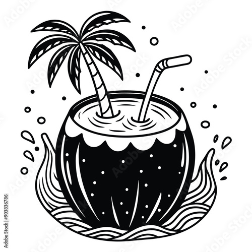 A vivid and lively illustration of a coconut on a beach, designed to be printed on a T-shirt.
