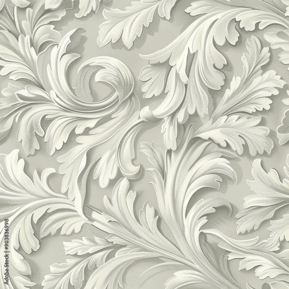 White relief floral pattern. Nature-inspired decoration. A pale grey acanthus pattern. Decorative carving