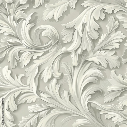 White relief floral pattern. Nature-inspired decoration. A pale grey acanthus pattern. Decorative carving