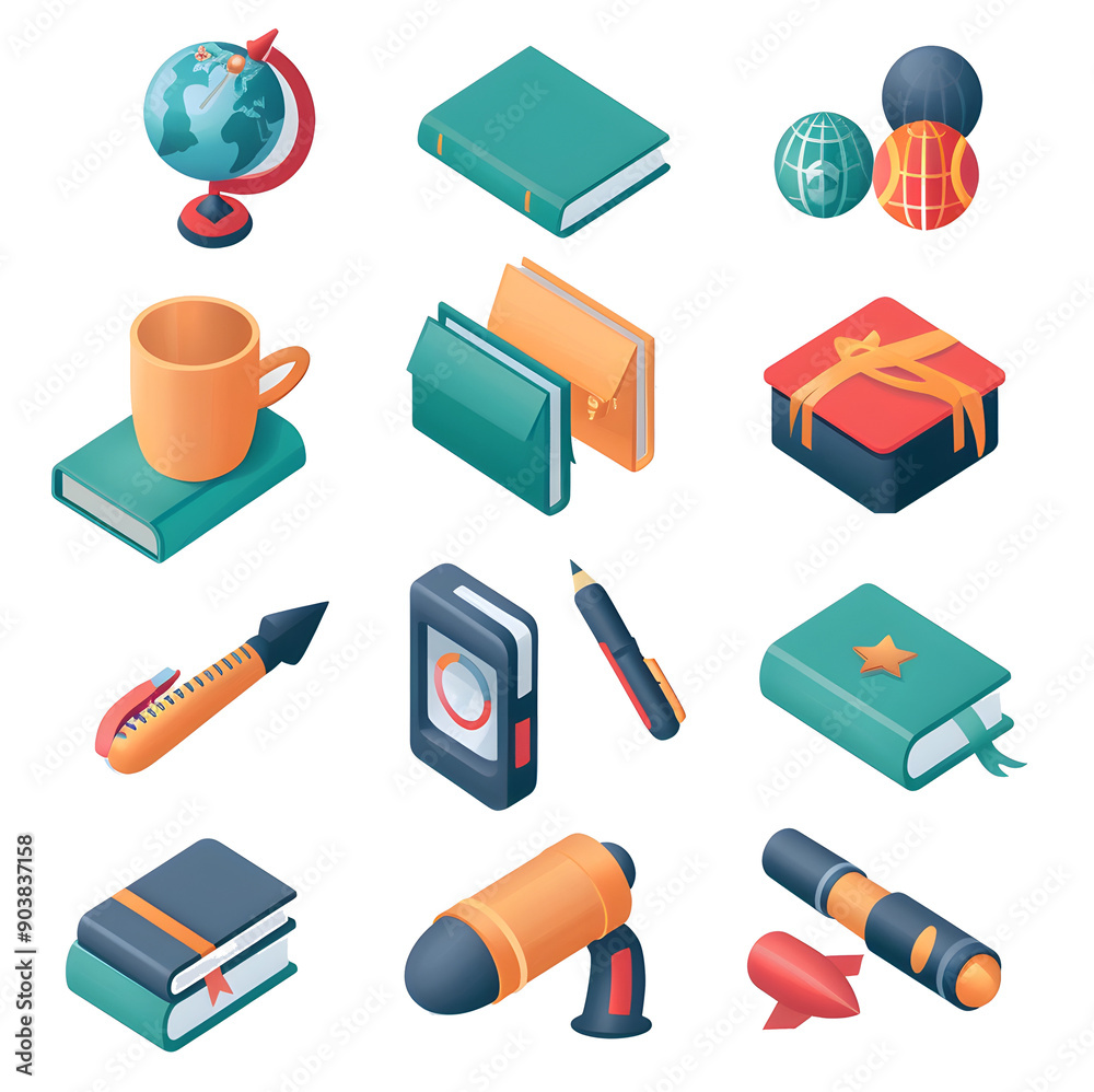 Isometric Education Icons: A vibrant set of 3D icons capturing the essence of learning, featuring books, a globe, stationery, and technology, perfect for educational materials and digital designs. Isometric Education Icons: A vibrant set of 3D icons capturing the essence of learning, featuring books, a globe, stationery, and technology, perfect for educational materials and digital designs.