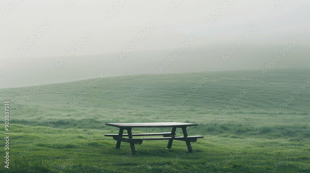 A solitary picnic table sits on a lush green meadow engulfed in a gentle mist, evoking tranquility and solitude in nature's embrace. A solitary picnic table sits on a lush green meadow engulfed in a gentle mist, evoking tranquility and solitude in nature's embrace.