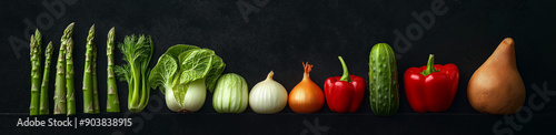 Photorealistic vegetables in a row on a black background . On the left side is an asparagus; in the middle are green bok choy, cucumber, onion and red bell pepper.