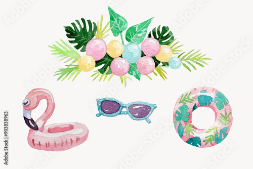Watercolor pool party elements collection